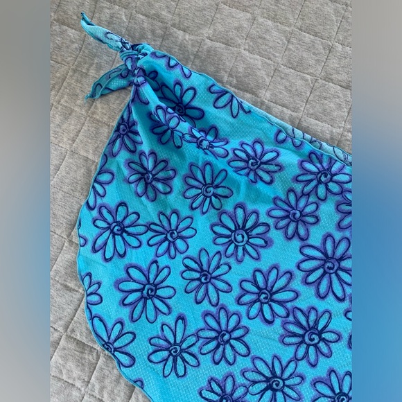 Vintage 80s/90s bright blue aqua purple floral side tie sarong bikini coverup - Picture 3 of 7